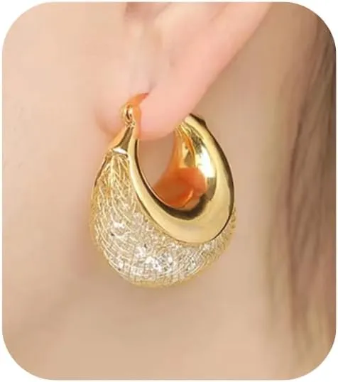 14K Gold Earrings for Women  Hypoallergenic Gold Hoop & Huggie Earrings with Zirconia Mesh Design, Elegant Jewelry, Unique Gift for Women
