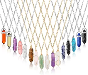 16 Pcs Healing Crystal Stone Necklaces Hexagonal Gemstone Pendant Necklace Full Wire Wrap Crystal Necklace Spiritual Jewelry Amethyst with Silver Gold Chains for Women