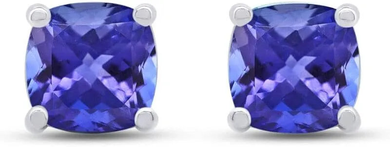 2 Ct Cushion Cut Tanzanite Stud Earrings Push Back For Womens 14k White Gold Plated