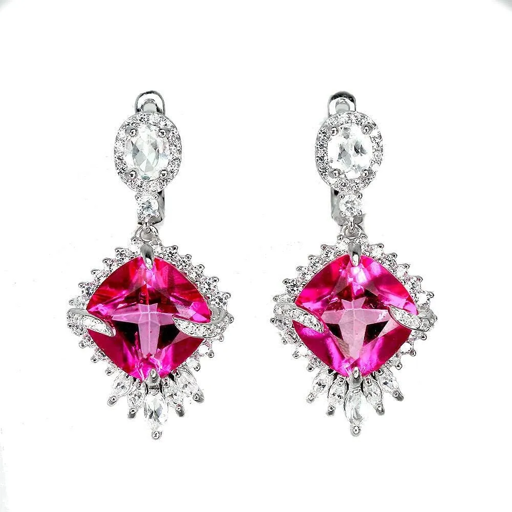2.00 Ct Cushion Cut Red Ruby & Diamond Halo Stud Earrings 14K White Gold Plated For Women's