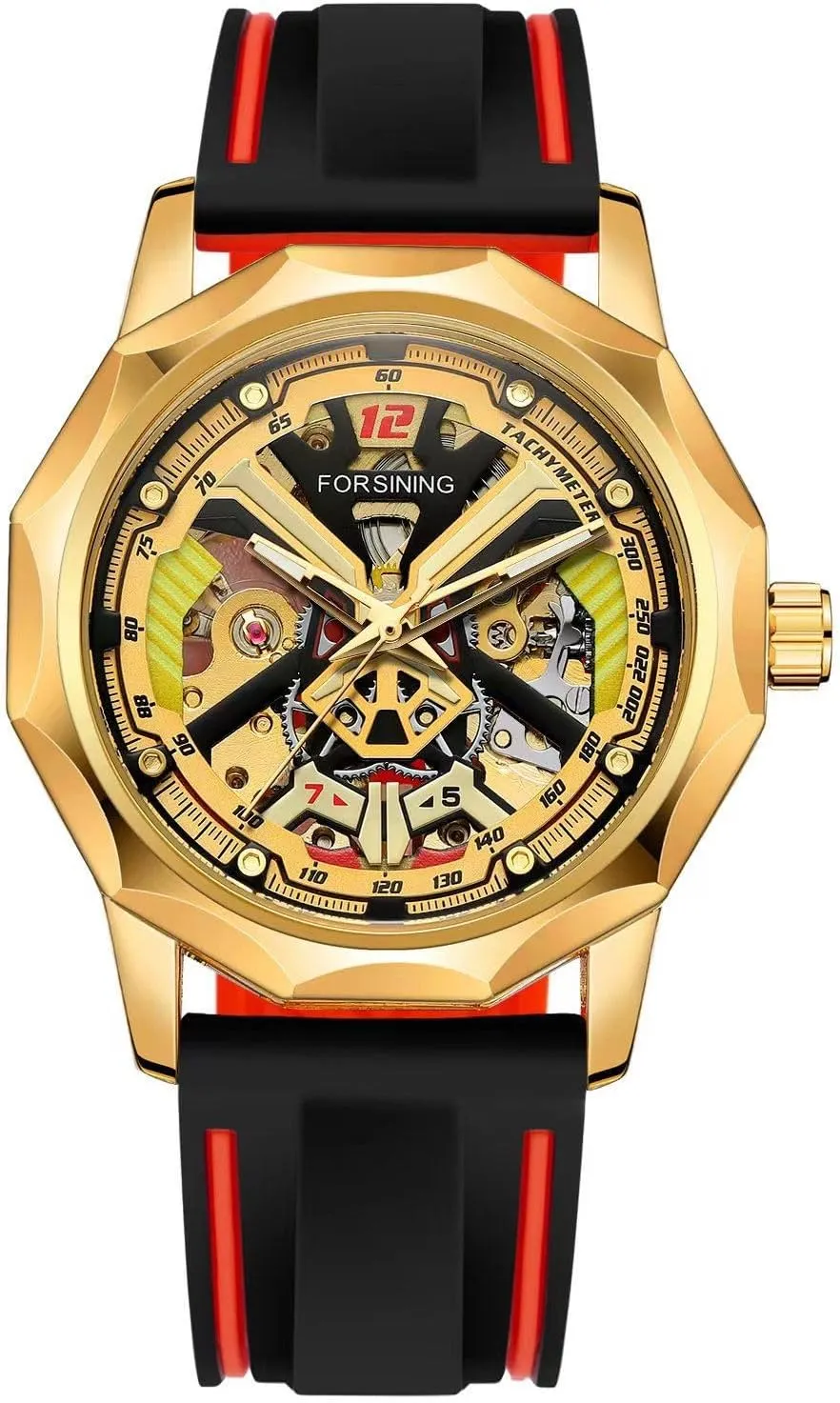 2024 FORSINING X Design Fashion Polygon Transparent Skeleton Rubber Band Men Mechanical Watch Luxury Clock