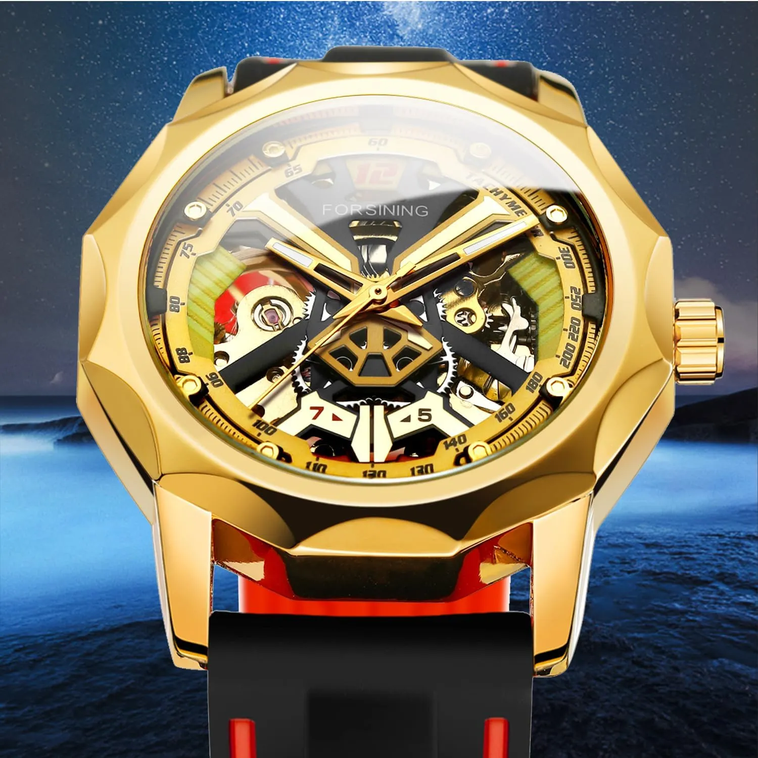 2024 FORSINING X Design Fashion Polygon Transparent Skeleton Rubber Band Men Mechanical Watch Luxury Clock