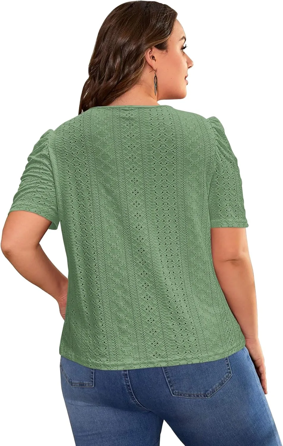 2025 Womens Plus Size Tops Eyelet Embroidery Puff Sleeve Tee Crew Neck Shirts Casual Soft Blouse Loose Fit Tees