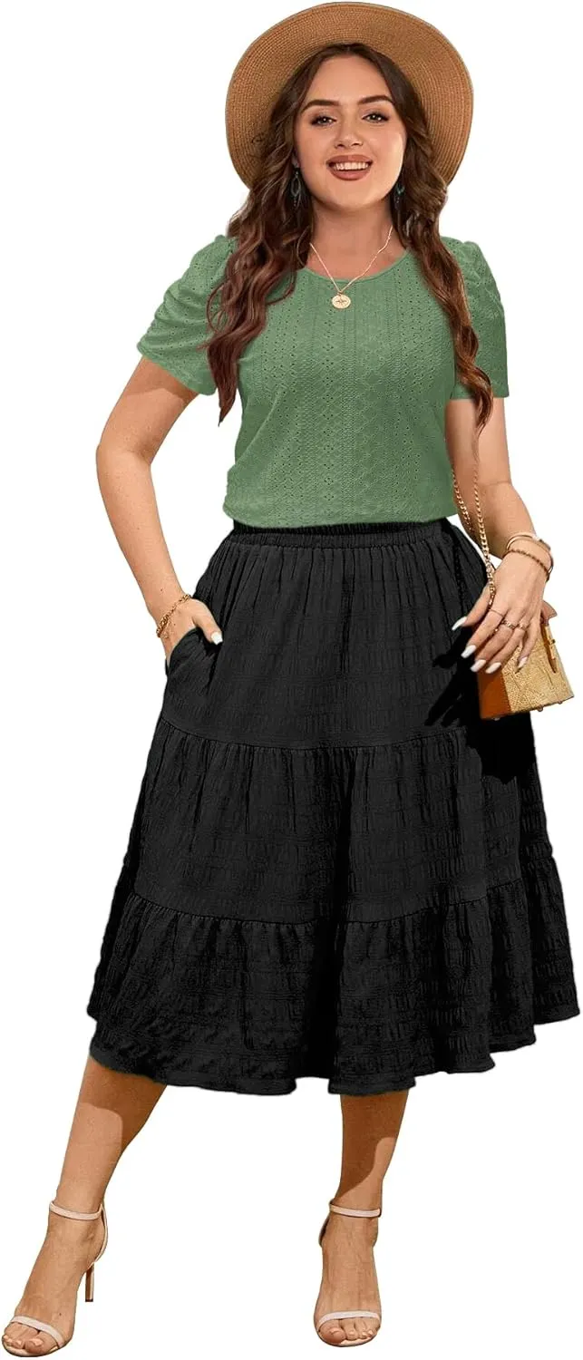2025 Womens Plus Size Tops Eyelet Embroidery Puff Sleeve Tee Crew Neck Shirts Casual Soft Blouse Loose Fit Tees