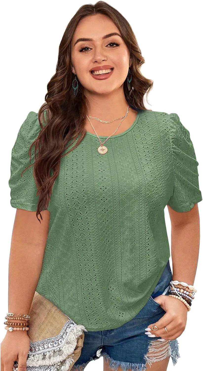 2025 Womens Plus Size Tops Eyelet Embroidery Puff Sleeve Tee Crew Neck Shirts Casual Soft Blouse Loose Fit Tees