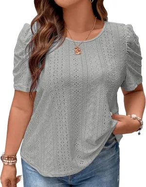 2025 Womens Plus Size Tops Eyelet Embroidery Puff Sleeve Tee Crew Neck Shirts Casual Soft Blouse Loose Fit Tees