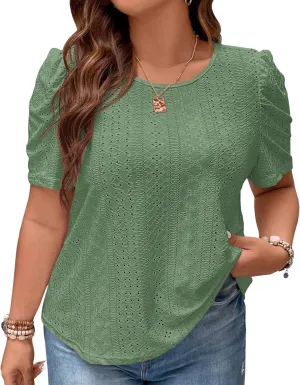 2025 Womens Plus Size Tops Eyelet Embroidery Puff Sleeve Tee Crew Neck Shirts Casual Soft Blouse Loose Fit Tees