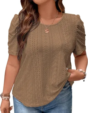 2025 Womens Plus Size Tops Eyelet Embroidery Puff Sleeve Tee Crew Neck Shirts Casual Soft Blouse Loose Fit Tees
