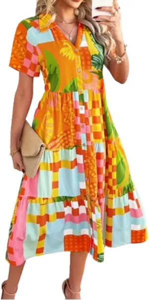 2025 Womens Summer Button Down Floral Babydoll Maxi Dress,Fashion v Neck Ruffle Short Sleeve Dress