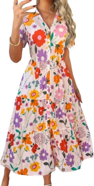 2025 Womens Summer Button Down Floral Babydoll Maxi Dress,Fashion v Neck Ruffle Short Sleeve Dress