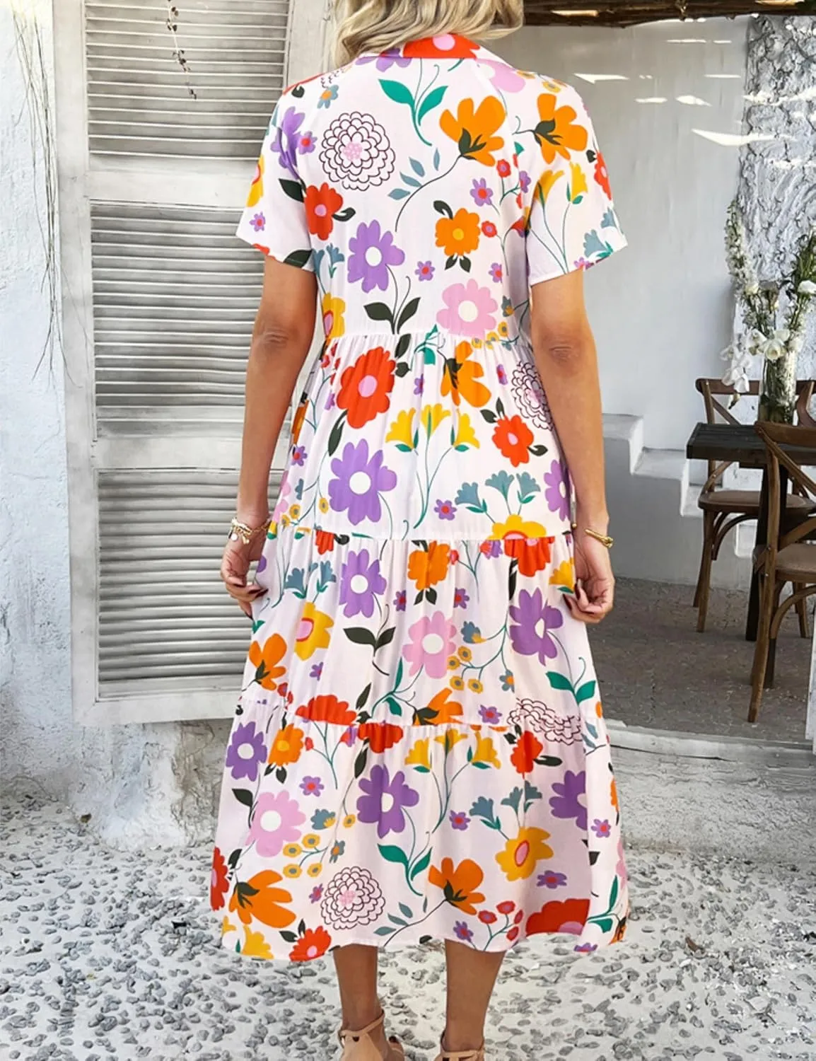 2025 Womens Summer Button Down Floral Babydoll Maxi Dress,Fashion v Neck Ruffle Short Sleeve Dress