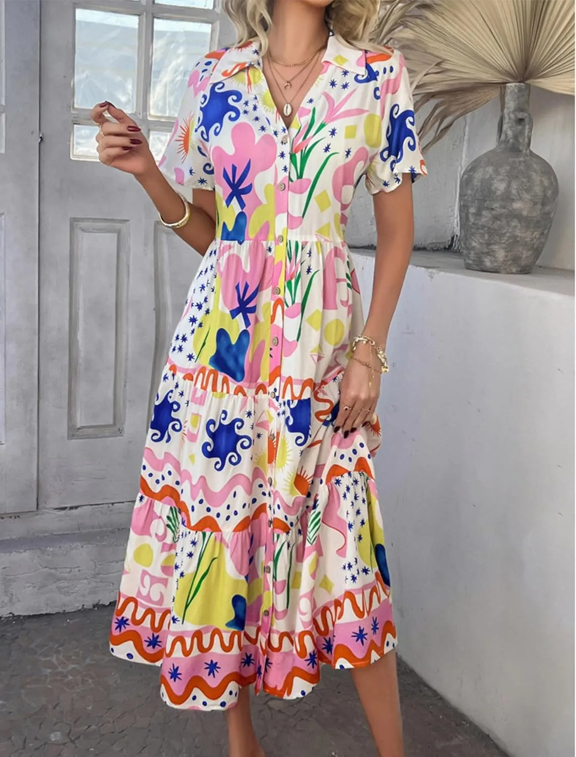 2025 Womens Summer Button Down Floral Babydoll Maxi Dress,Fashion v Neck Ruffle Short Sleeve Dress