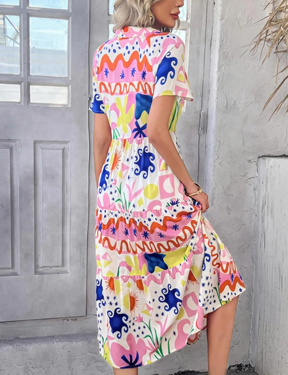 2025 Womens Summer Button Down Floral Babydoll Maxi Dress,Fashion v Neck Ruffle Short Sleeve Dress