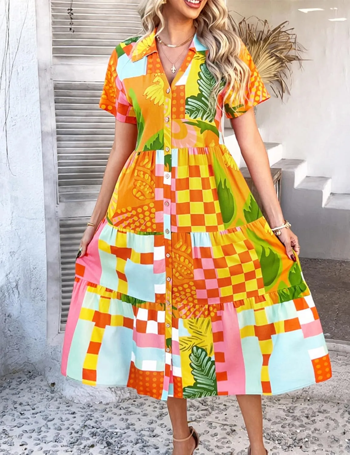2025 Womens Summer Button Down Floral Babydoll Maxi Dress,Fashion v Neck Ruffle Short Sleeve Dress