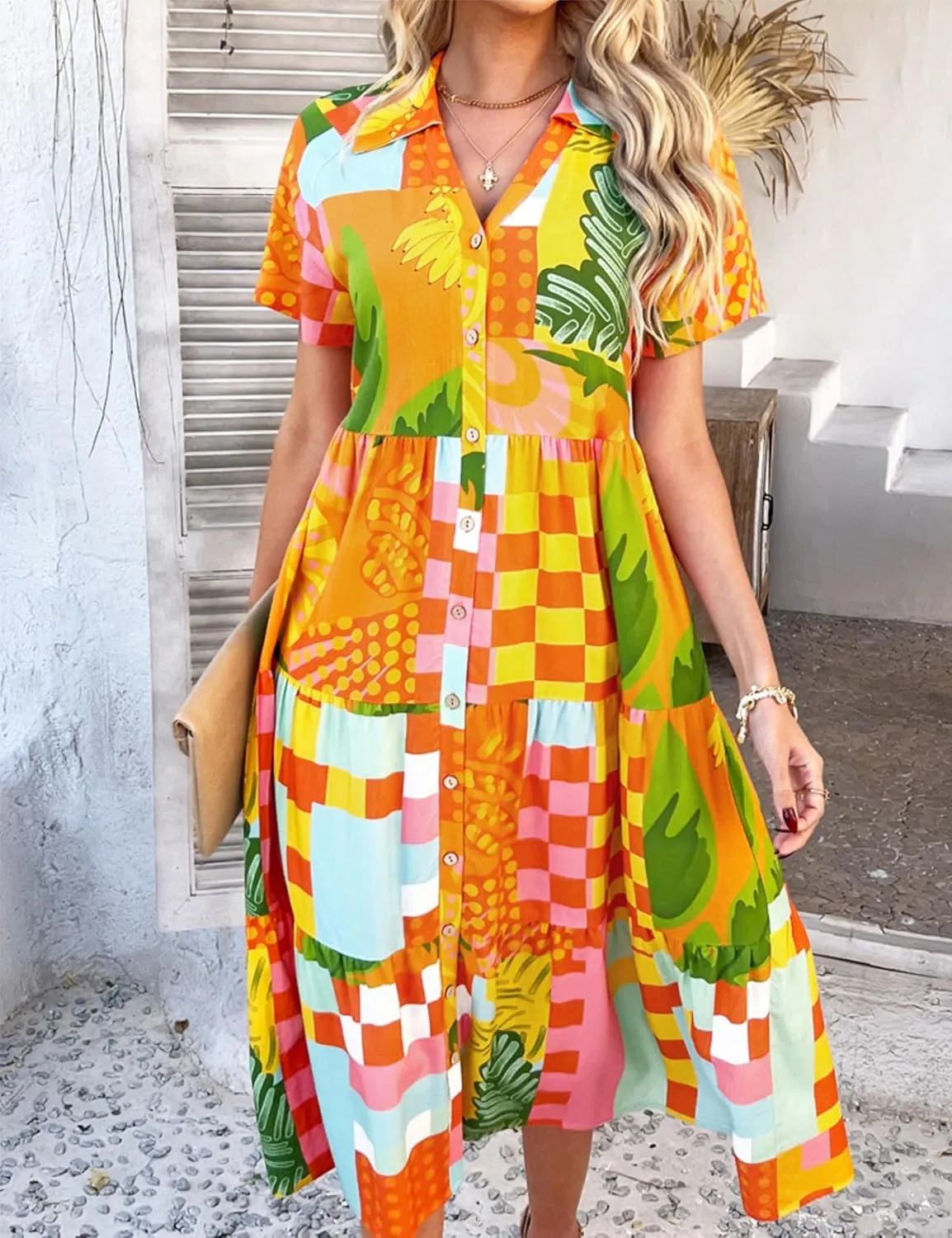 2025 Womens Summer Button Down Floral Babydoll Maxi Dress,Fashion v Neck Ruffle Short Sleeve Dress