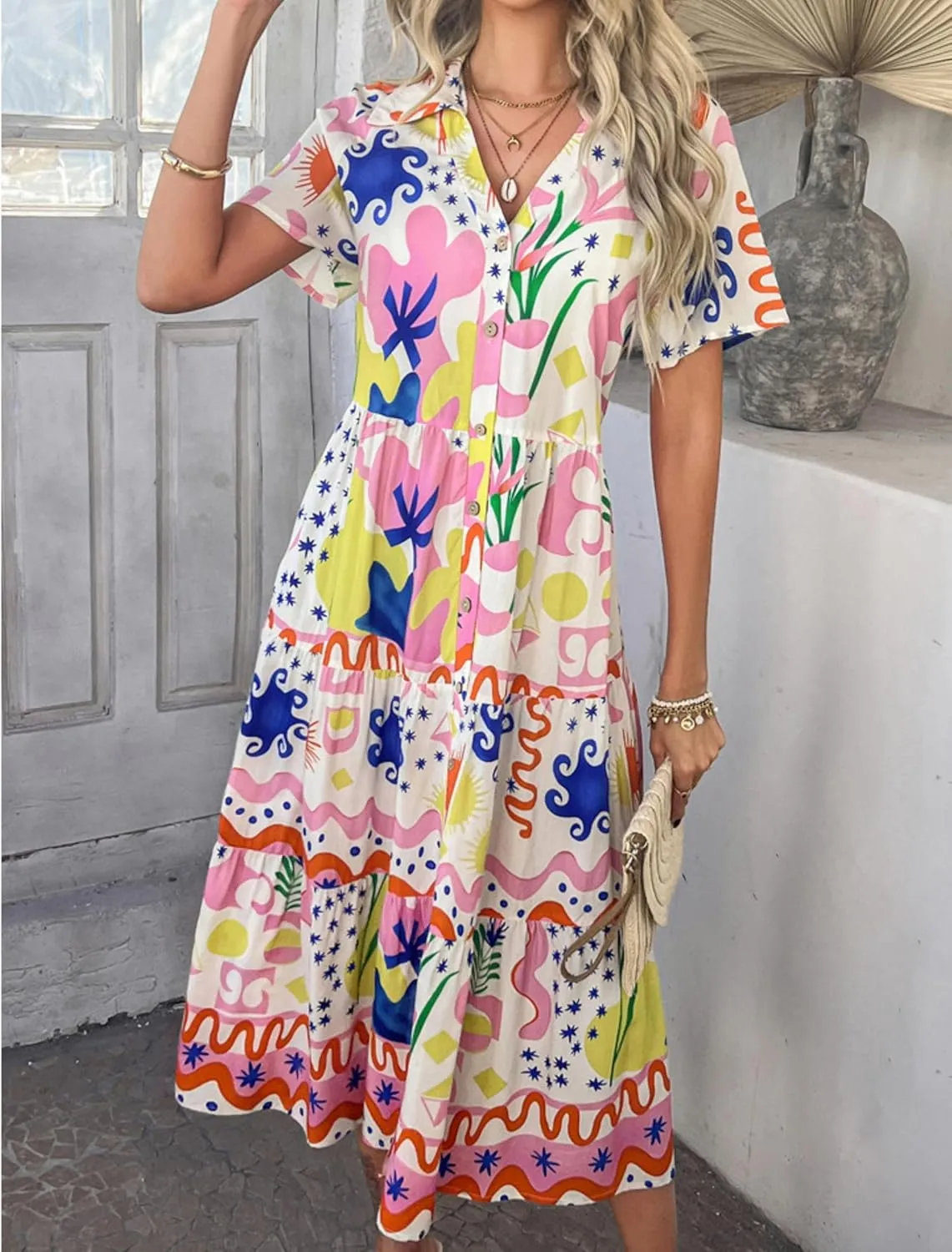 2025 Womens Summer Button Down Floral Babydoll Maxi Dress,Fashion v Neck Ruffle Short Sleeve Dress