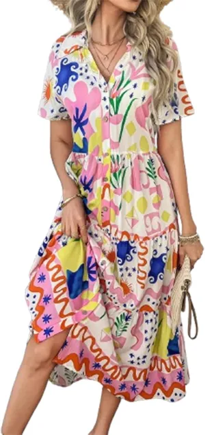2025 Womens Summer Button Down Floral Babydoll Maxi Dress,Fashion v Neck Ruffle Short Sleeve Dress