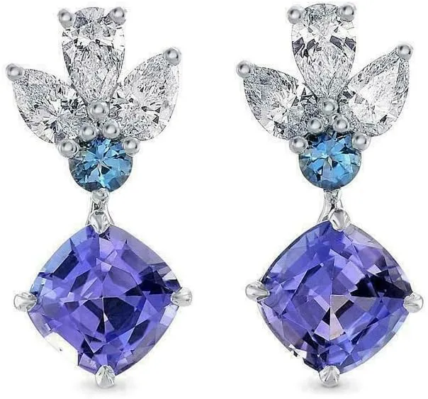 2.50Ct Cushion Cut Blue Tanzanite & Diamond Halo Stud Earrings 14K White Gold Plated For Women's