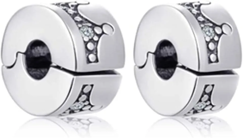2pc Clip Spacer Charm Bracelets for Women 925 Sterling Silver Blue White Crystal Charm Clip Lock Spacer Stopper Charm Bead for Bracelet,(Crown 2pc)