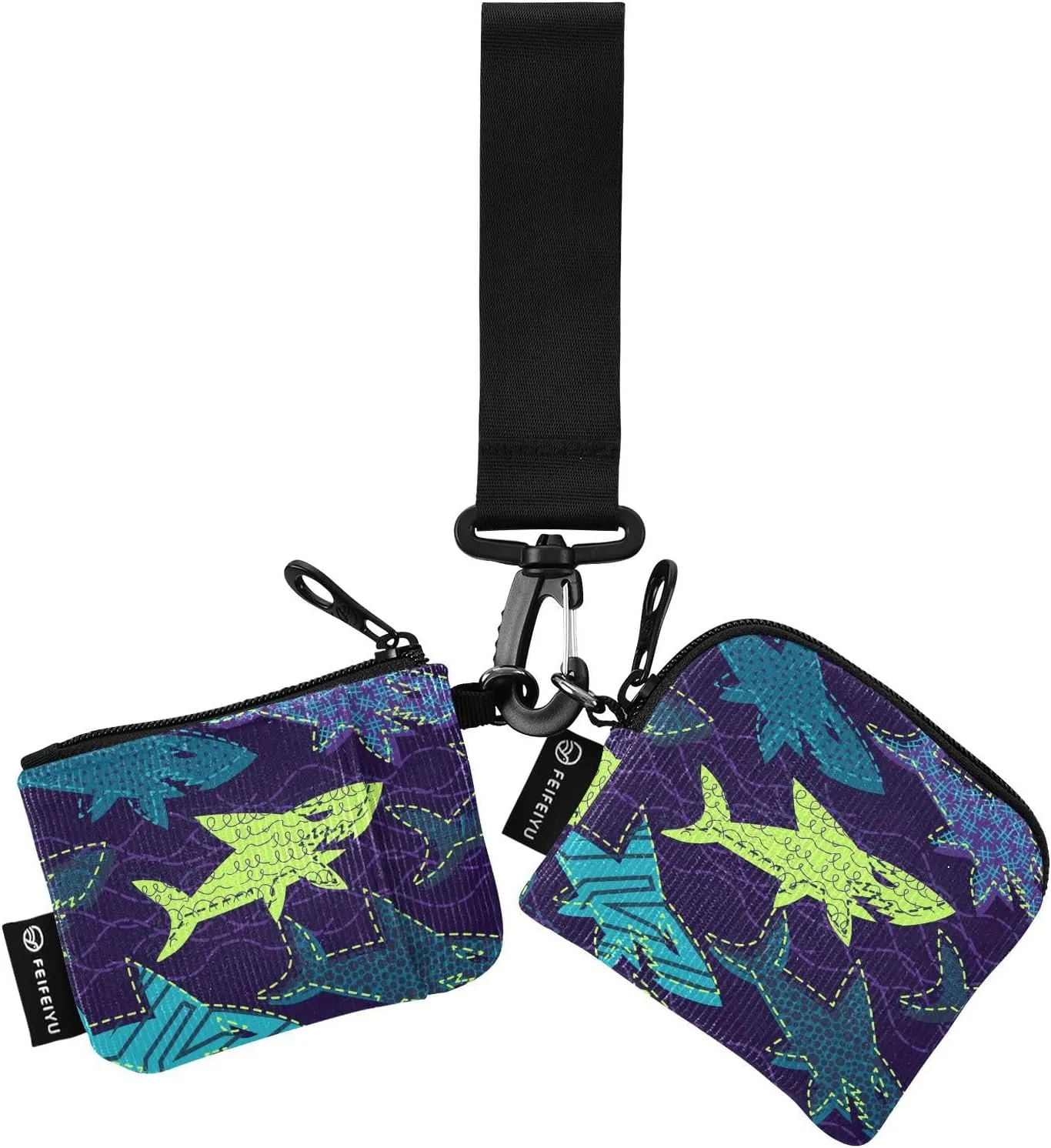 2PCS Coin Purse Wristlet Wallets Keychain Wallet Zip Around Portable Wallet with Detachable Dual Pouch Cool Sharks