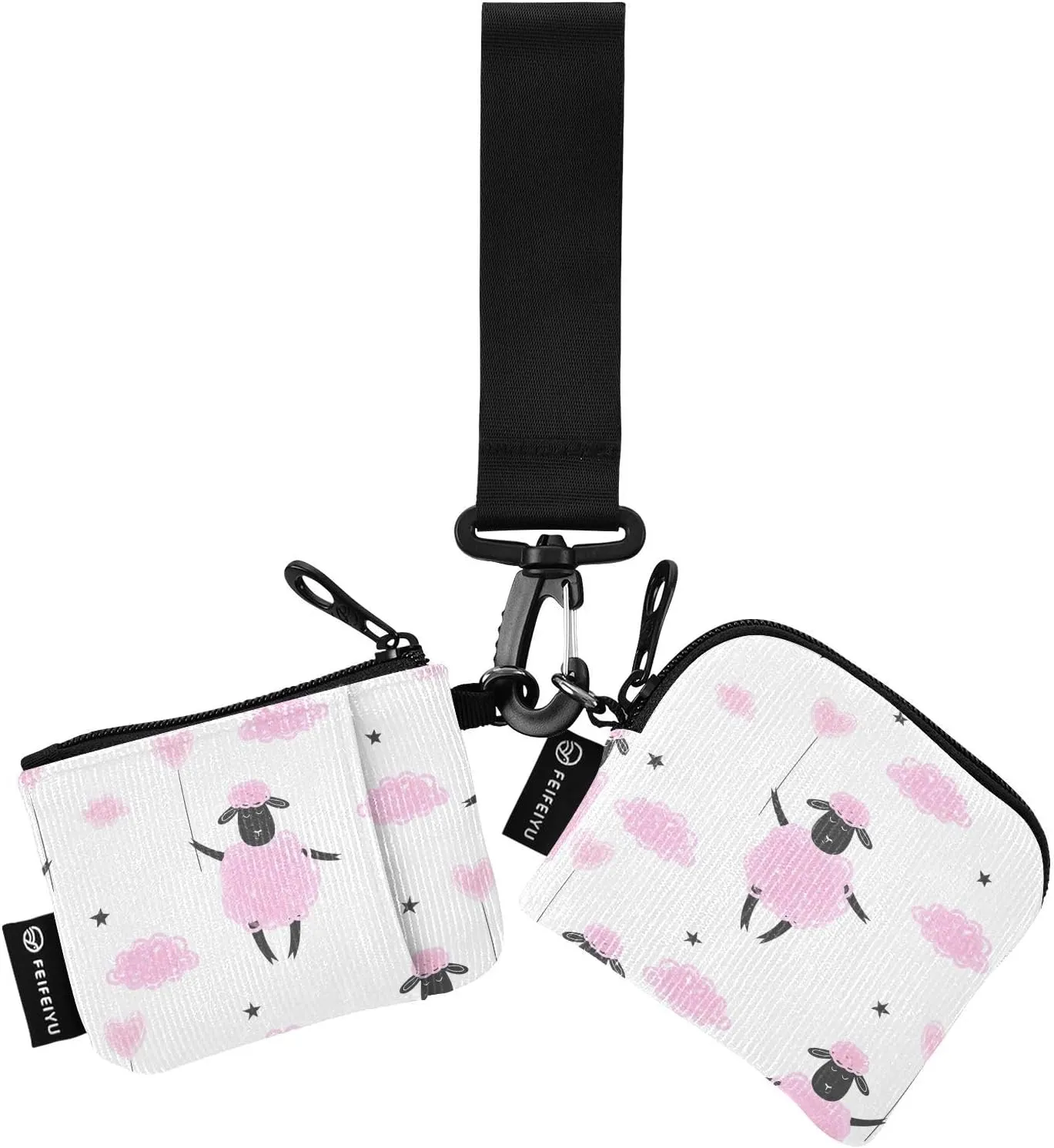2PCS Coin Purse Wristlet Wallets Keychain Wallet Zip Around Portable Wallet with Detachable Dual Pouch Cute Pink Sheep