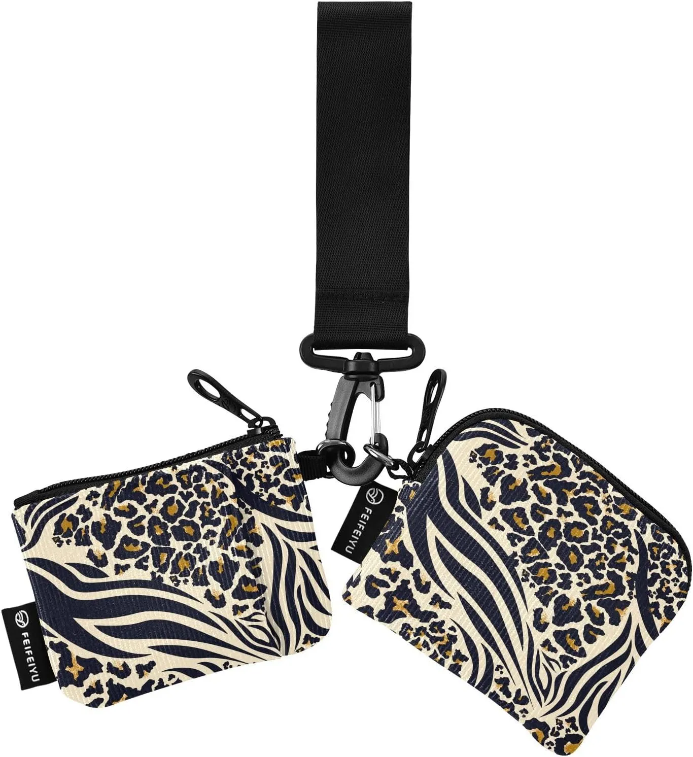 2PCS Coin Purse Wristlet Wallets Keychain Wallet Zip Around Portable Wallet with Detachable Dual Pouch Leopard And Zebra