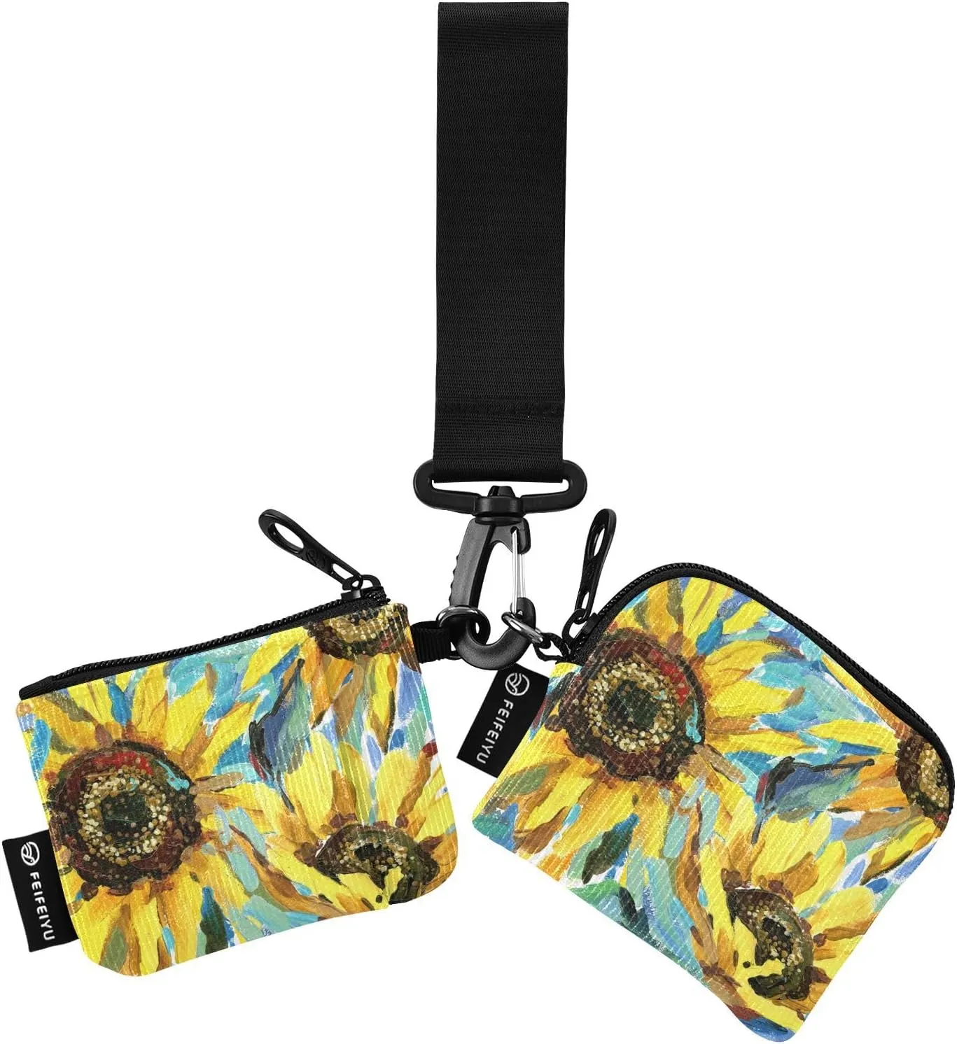 2PCS Coin Purse Wristlet Wallets Keychain Wallet Zip Around Portable Wallet with Detachable Dual Pouch Oil Painting Sunflowers