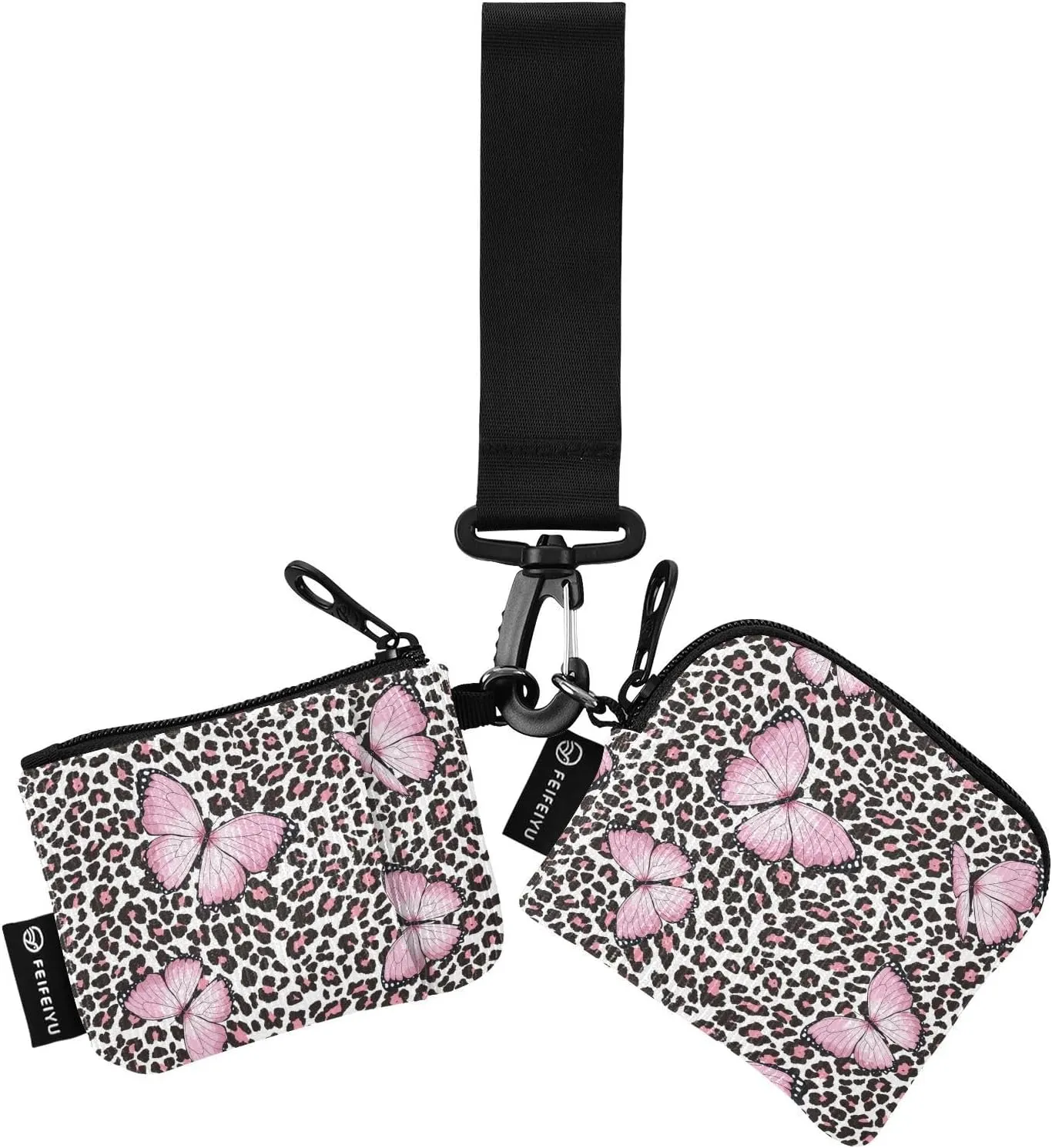 2PCS Coin Purse Wristlet Wallets Keychain Wallet Zip Around Portable Wallet with Detachable Dual Pouch Pink Butterfly Leopard