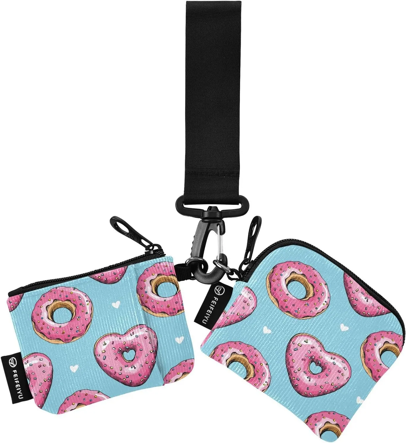 2PCS Coin Purse Wristlet Wallets Keychain Wallet Zip Around Portable Wallet with Detachable Dual Pouch Pink Heart Donuts