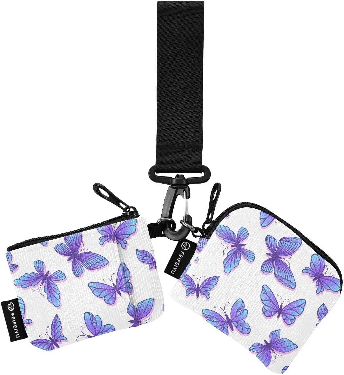2PCS Coin Purse Wristlet Wallets Keychain Wallet Zip Around Portable Wallet with Detachable Dual Pouch Purple Butterflies