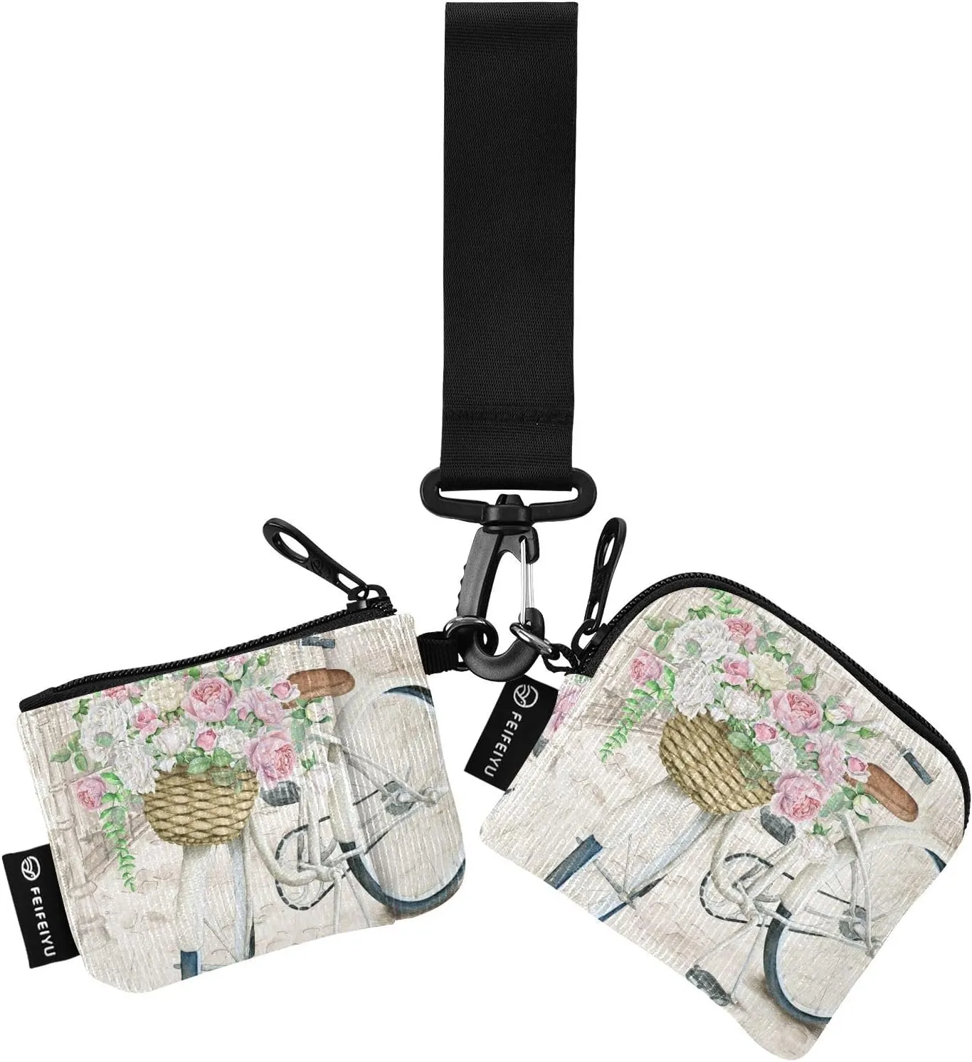 2PCS Coin Purse Wristlet Wallets Keychain Wallet Zip Around Portable Wallet with Detachable Dual Pouch Vintage Bike And Flowers
