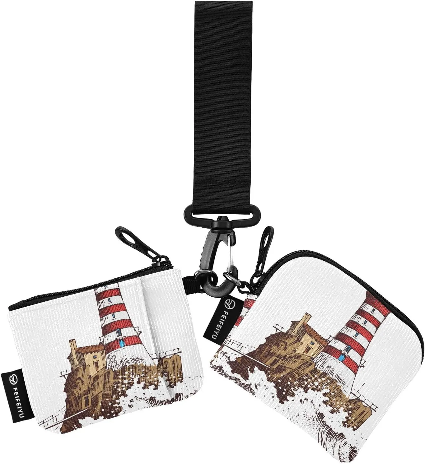 2PCS Coin Purse Wristlet Wallets Keychain Wallet Zip Around Portable Wallet with Detachable Dual Pouch Vintage Lighthouse And Sea