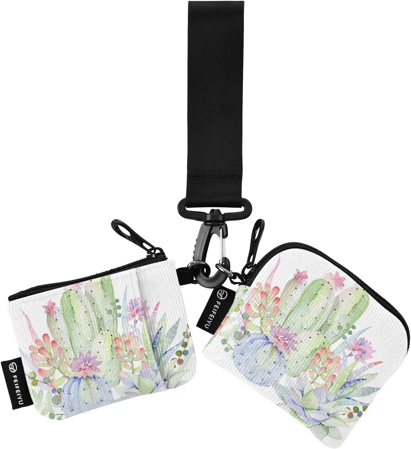 2PCS Coin Purse Wristlet Wallets Keychain Wallet Zip Around Portable Wallet with Detachable Dual Pouch Watercolor Cactus Flowers