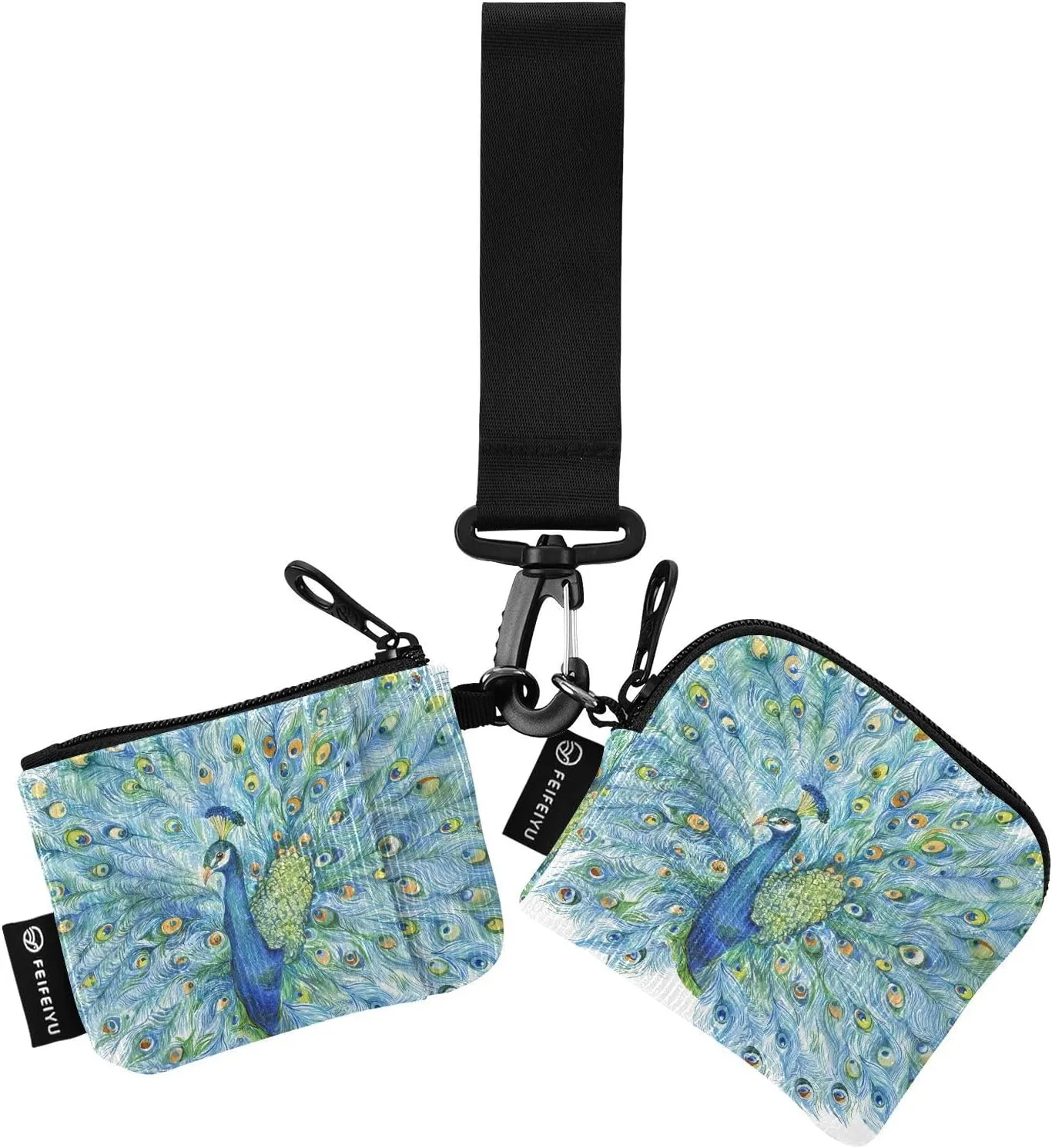 2PCS Coin Purse Wristlet Wallets Keychain Wallet Zip Around Portable Wallet with Detachable Dual Pouch Watercolor Peacock