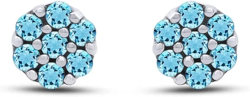 3.00 Ct Round Cut Aquamarine Flower Cluster Stud Earrings 14K White Gold Plated