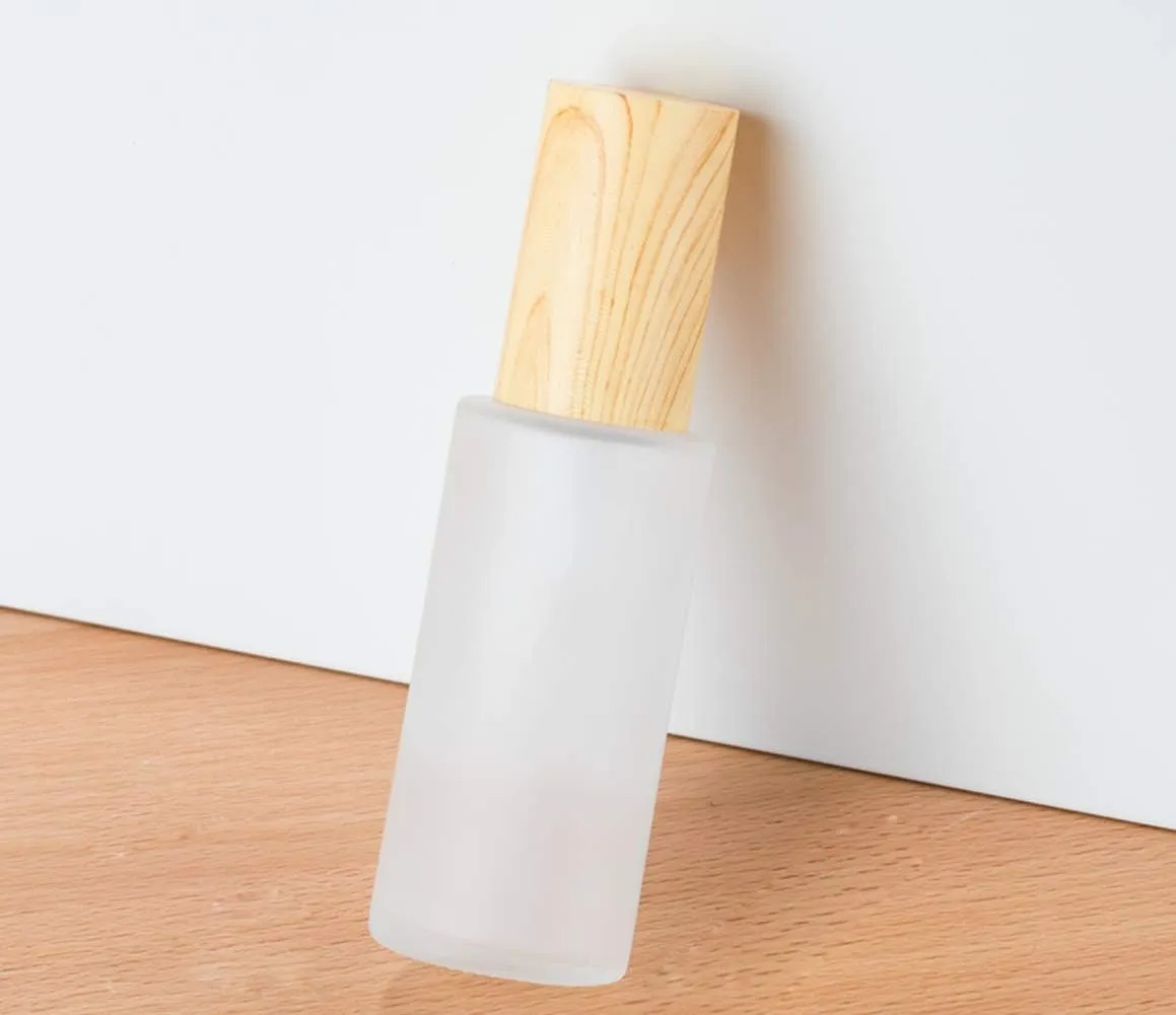 3Pcs 30ml 1oz Matte Glass Pump Bottles - Travel & Toiletries Containers with Wood Grain Lid for Shampoo, Cream, Liquid, Essential Oils
