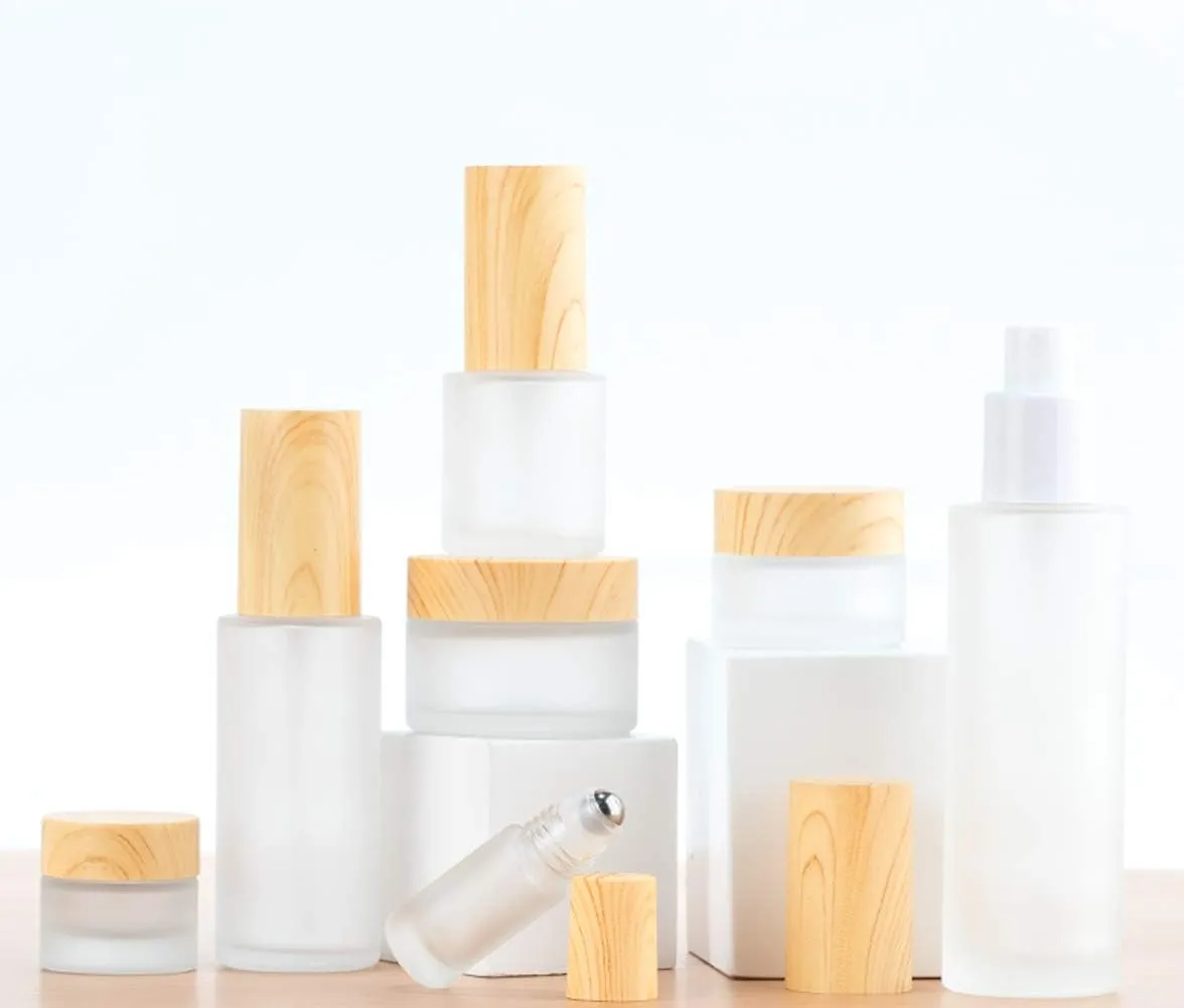 3Pcs 30ml 1oz Matte Glass Pump Bottles - Travel & Toiletries Containers with Wood Grain Lid for Shampoo, Cream, Liquid, Essential Oils