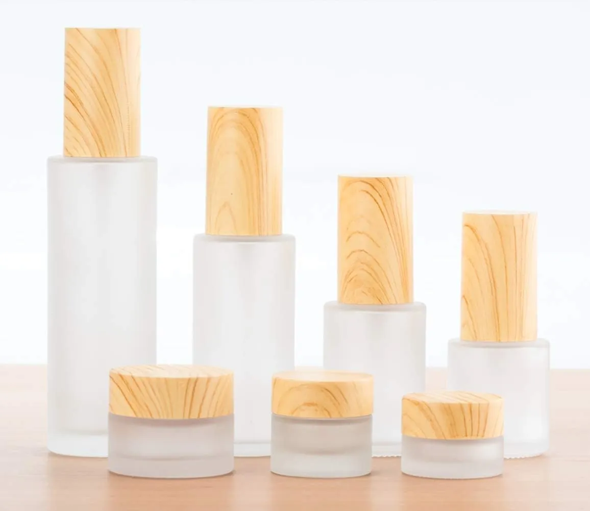 3Pcs 30ml 1oz Matte Glass Pump Bottles - Travel & Toiletries Containers with Wood Grain Lid for Shampoo, Cream, Liquid, Essential Oils