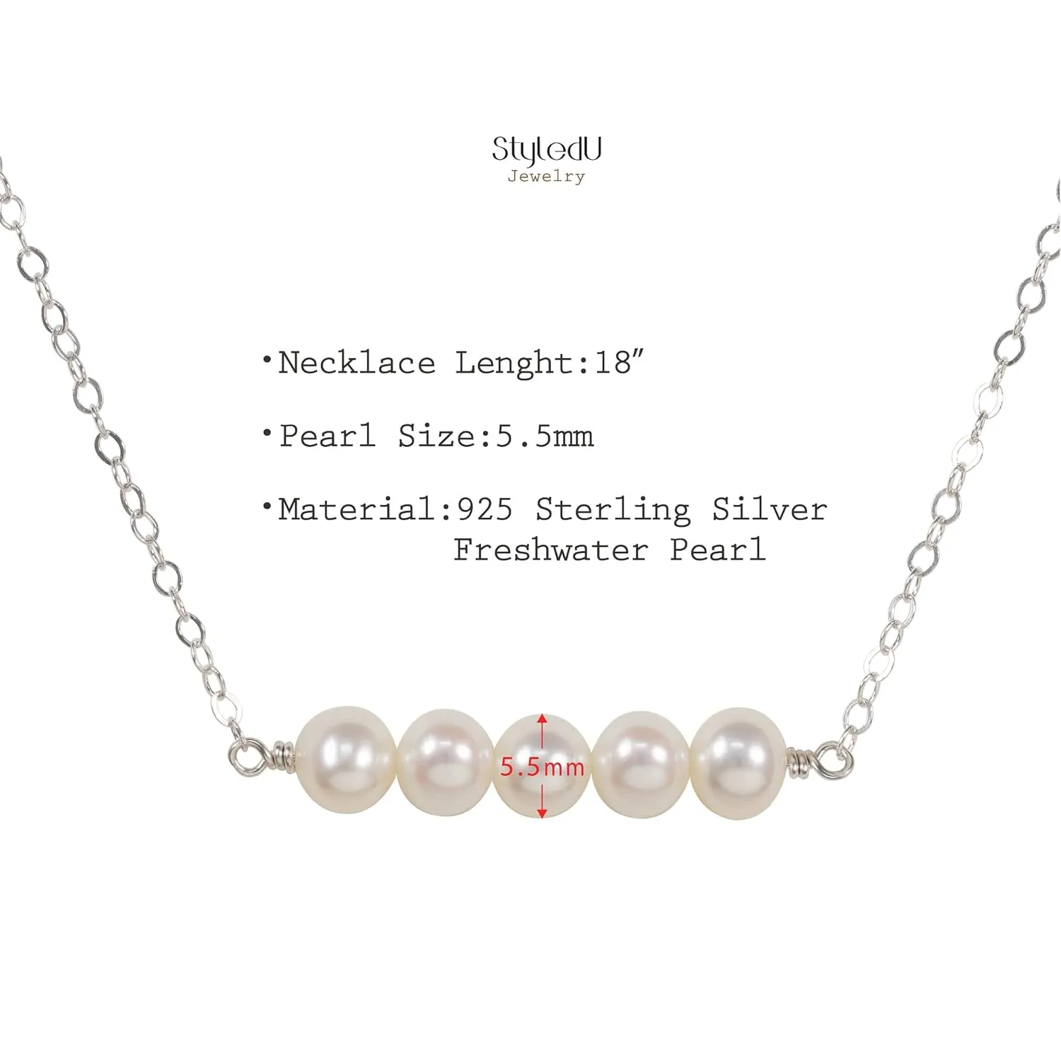 50th Birthday Gifts for Women, Sterling Silver 5 Freshwater Pearl Bar Necklace, 5 Decades Necklace, Gifts for Women Turning 50, 50 Year Old Birthday Gifts for Her