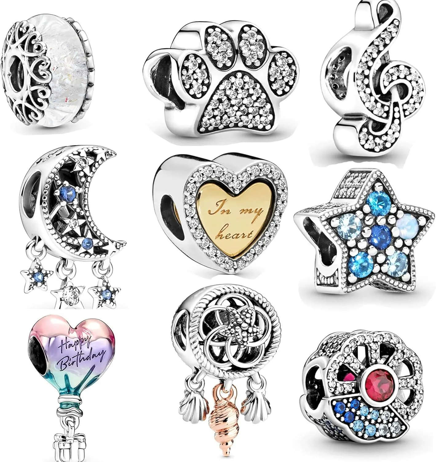 9 Pack Silver Bead Charms for Bracelets and Necklaces Charm for Woman Dangle Pendant Beads Set