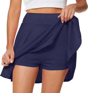 Afibi Women's Casual Basic Versatile Flared Pleated Mini Skater Skirt with Shorts