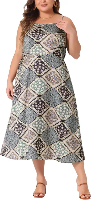 Agnes Orinda Plus Size Boho Dress for Women Bohemian Sleeveless Spaghetti Strap Midi Summer Dresses