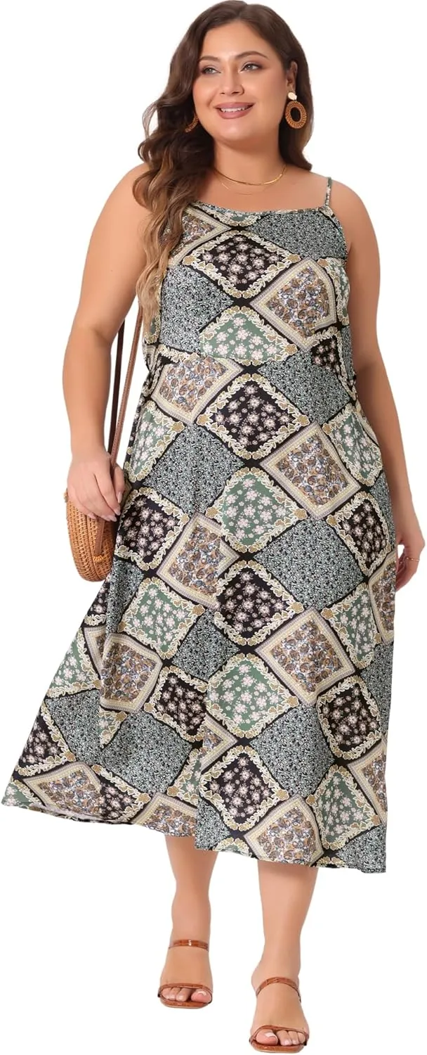 Agnes Orinda Plus Size Boho Dress for Women Bohemian Sleeveless Spaghetti Strap Midi Summer Dresses