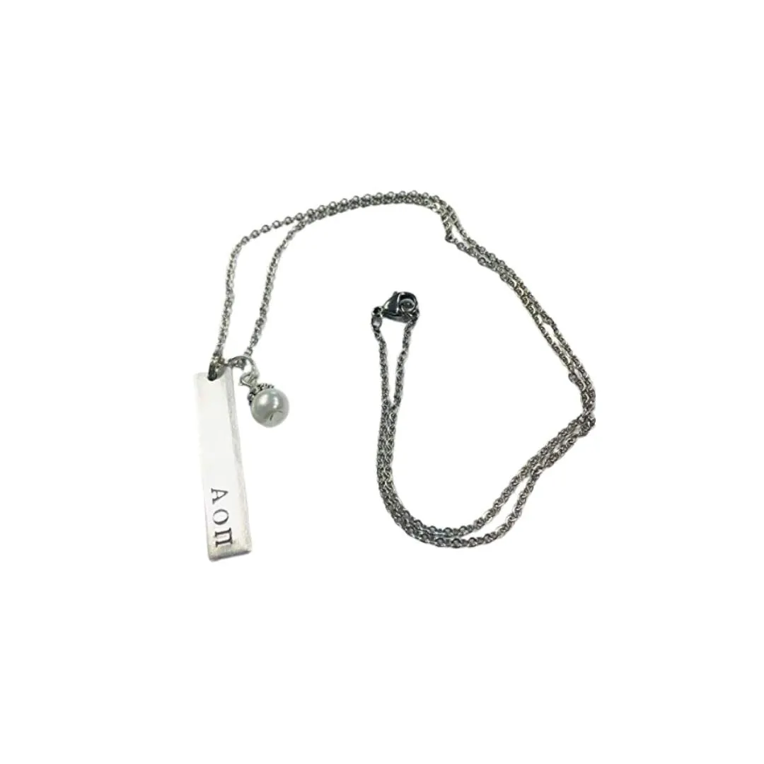 Alpha Omicron Pi Bar Pendant with glass pearl dangle, Sorority Greek Necklaces, comes on an 18 inch stainless steel link necklace with lobster claw