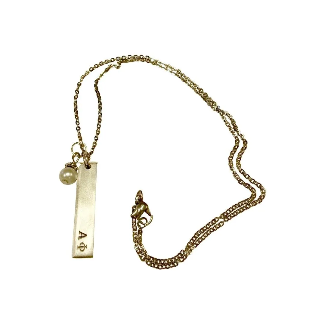 Alpha Phi Bar Pendant with white glass pearl dangle, AP Sorority Greek Necklaces, comes on an 18 inch stainless steel link necklace with lobster claw