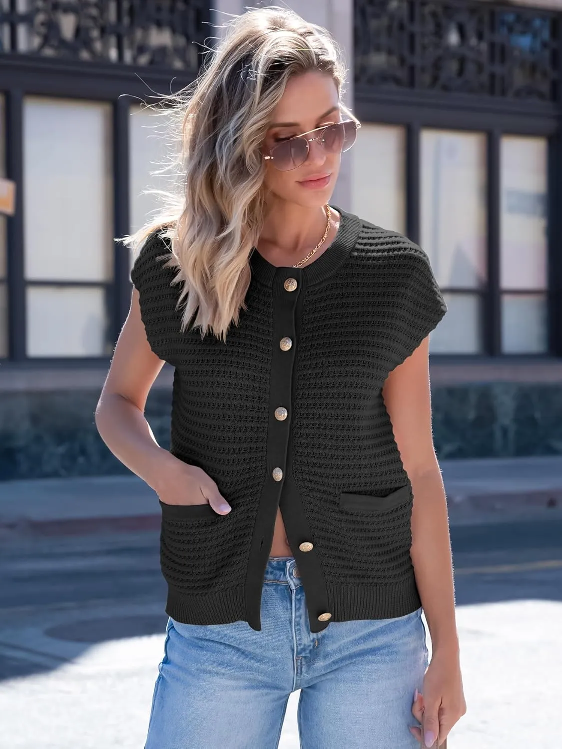 ANRABESS Women Sweater Vests Sleeveless Cardigan Casual Loose Knit Button Down Sweater Tops 2025 Spring Summer Trendy Outfits