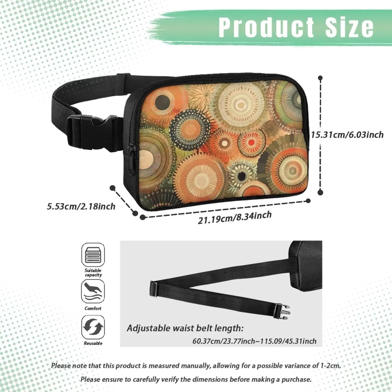 Art Flower Waist Purse Fanny Pack Trendy Lightweight Practical Crossbody Bag for Women Travel Hiking Sports Mountaineering Running Zip Closure Waist Bag with Adjustable Strap