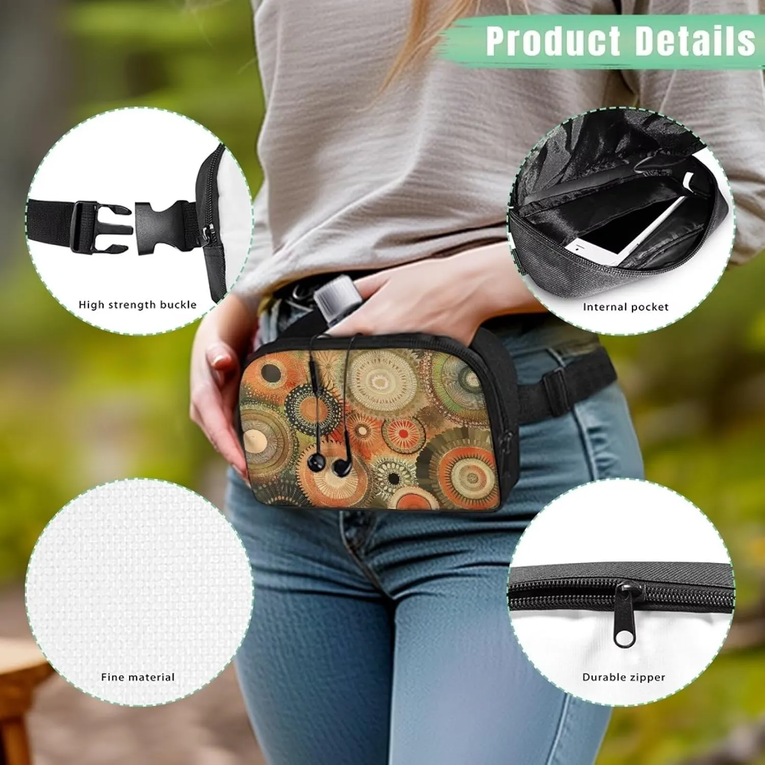 Art Flower Waist Purse Fanny Pack Trendy Lightweight Practical Crossbody Bag for Women Travel Hiking Sports Mountaineering Running Zip Closure Waist Bag with Adjustable Strap