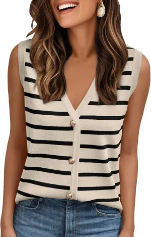 AUTOMET Vest for Women Striped Sweater Vests 2025 Trendy Summer Work Crochet Tops Button Up Business Casual Outfits
