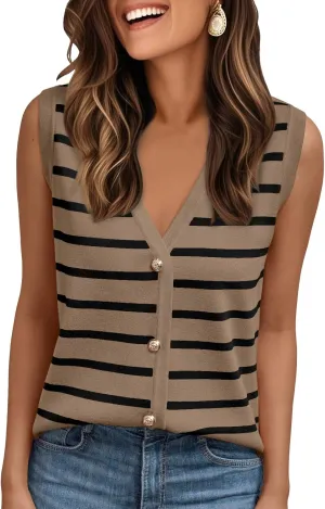AUTOMET Vest for Women Striped Sweater Vests 2025 Trendy Summer Work Crochet Tops Button Up Business Casual Outfits